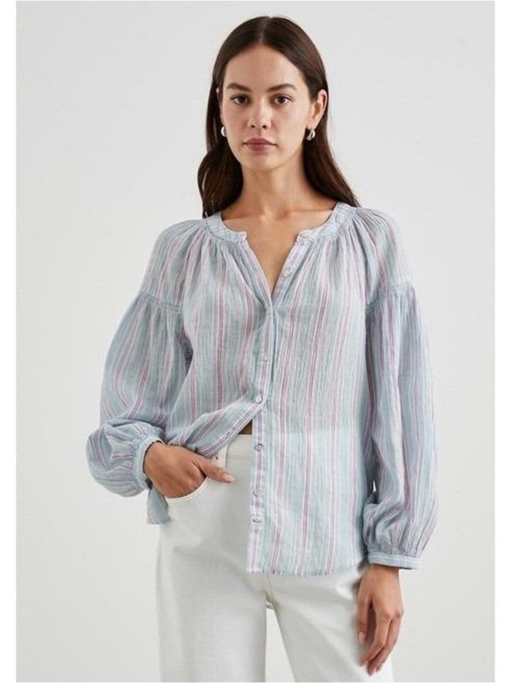 Rails Blue Purple Coastal Kenlie Placid Stripe Button Peasant Travel Shirt XS
